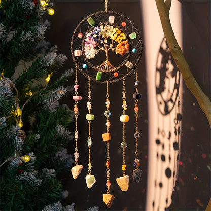 Crystal Wind Chime Suncatcher with Life Tree Pendant - Handmade Bohemian Shattered Stone for Entryways, Bedrooms and Living Spaces