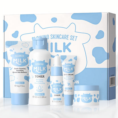 Skincare Set with LAIKOU Label, 5 Milk Niacinamide Alpha-Arbutin Items with Cleanser Toner Serum and Creams