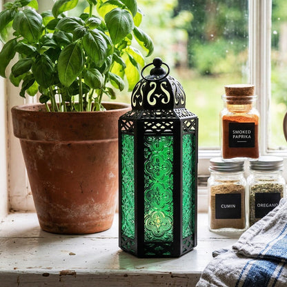 Moroccan Candle Lantern Holder - Decorative Metal & Glass Lantern with Embossed Floral Design for Indoor Home Decor