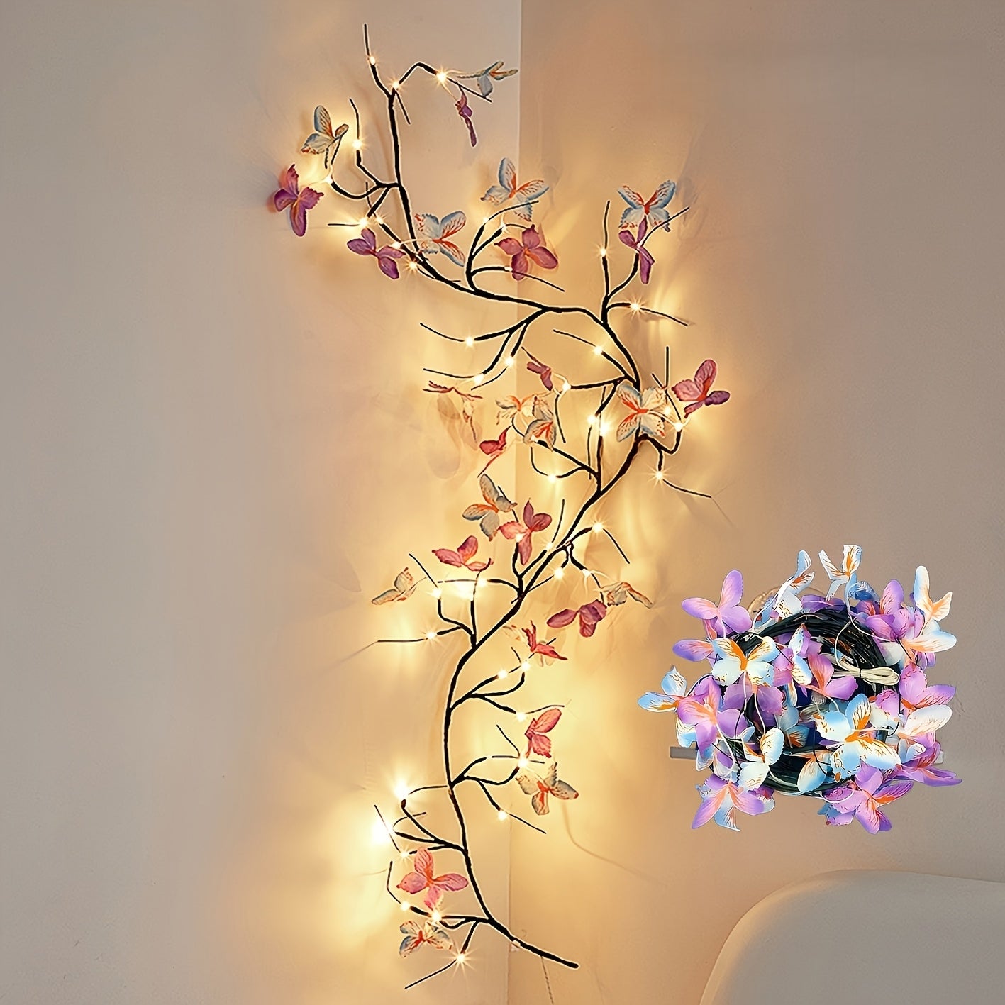 String Lights, 30-LED Butterfly Vine Fairy Branch with Eight Modes, USB Power and Warm White Indoor Glow