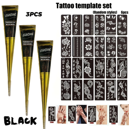 Temporary Semi-Permanent Tattoo Paste Kit - Body Art Gel in Brown & Black with Tattoo Templates