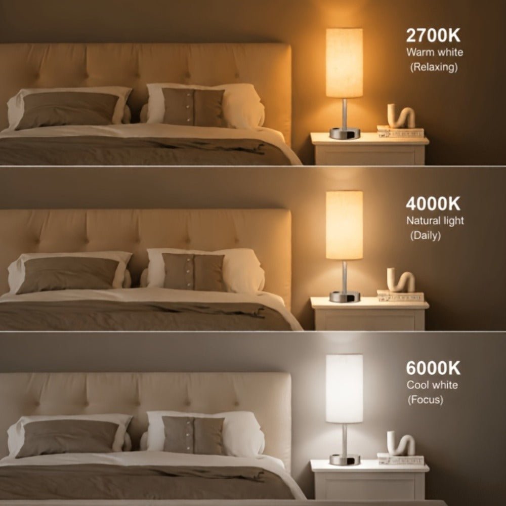 Table Lamp HOODINK with Cylindrical Shade, 3-Way Touch Dimming, USB-A, USB-C, AC Outlet and One or Two-Pack Options