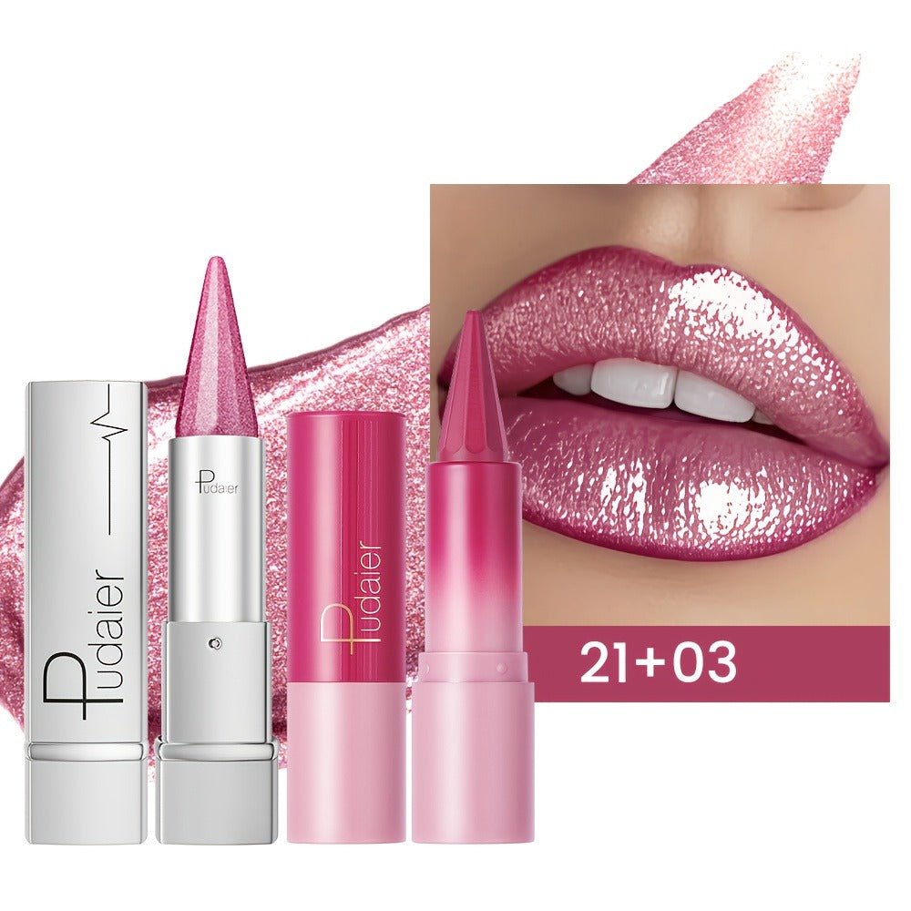 Lipstick Set 2pcs for Women – Highly Pigmented Waterproof Matte & Metallic Shimmer Lip Color Combo with Pointed-Tip Precision