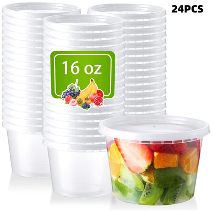 Food Storage Containers 24-Pack 16 oz Round Deli Boxes with Fitted Lids for Portion and Refrigerator Storage