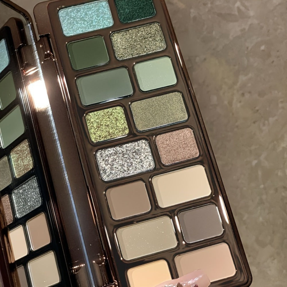 Eyeshadow Palette 16-Shade Brown and Green Compact with Matte, Shimmer and Glitter Finish Mix