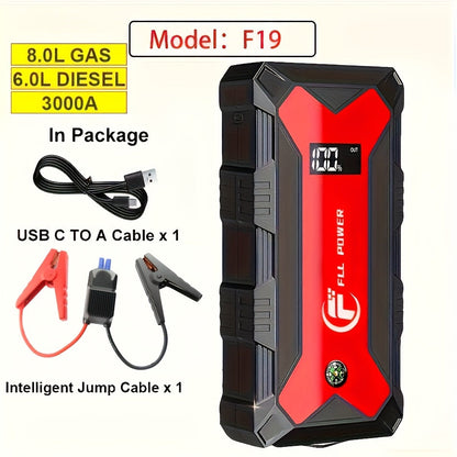 12V Jump Starter with F07, F13, F19 or F03 Black Model Options, Digital Display, LED Light and USB Connections