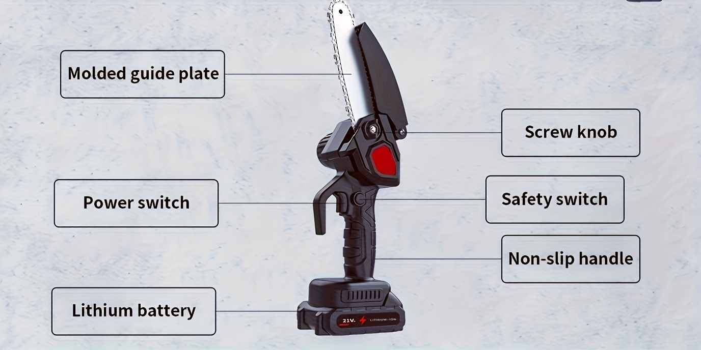 Electric Mini Chainsaw 6-Inch with Debris Guard & Toolbox - Cordless Handheld Pruning Saw with Safety Lock