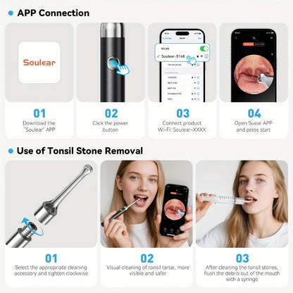 Intelligent Visual Tonsil Stone Removal Kit – 1080P HD Camera, 6 LED Lights, Wi-Fi & App Connection, Multi-Accessory Oral Inspection Tool