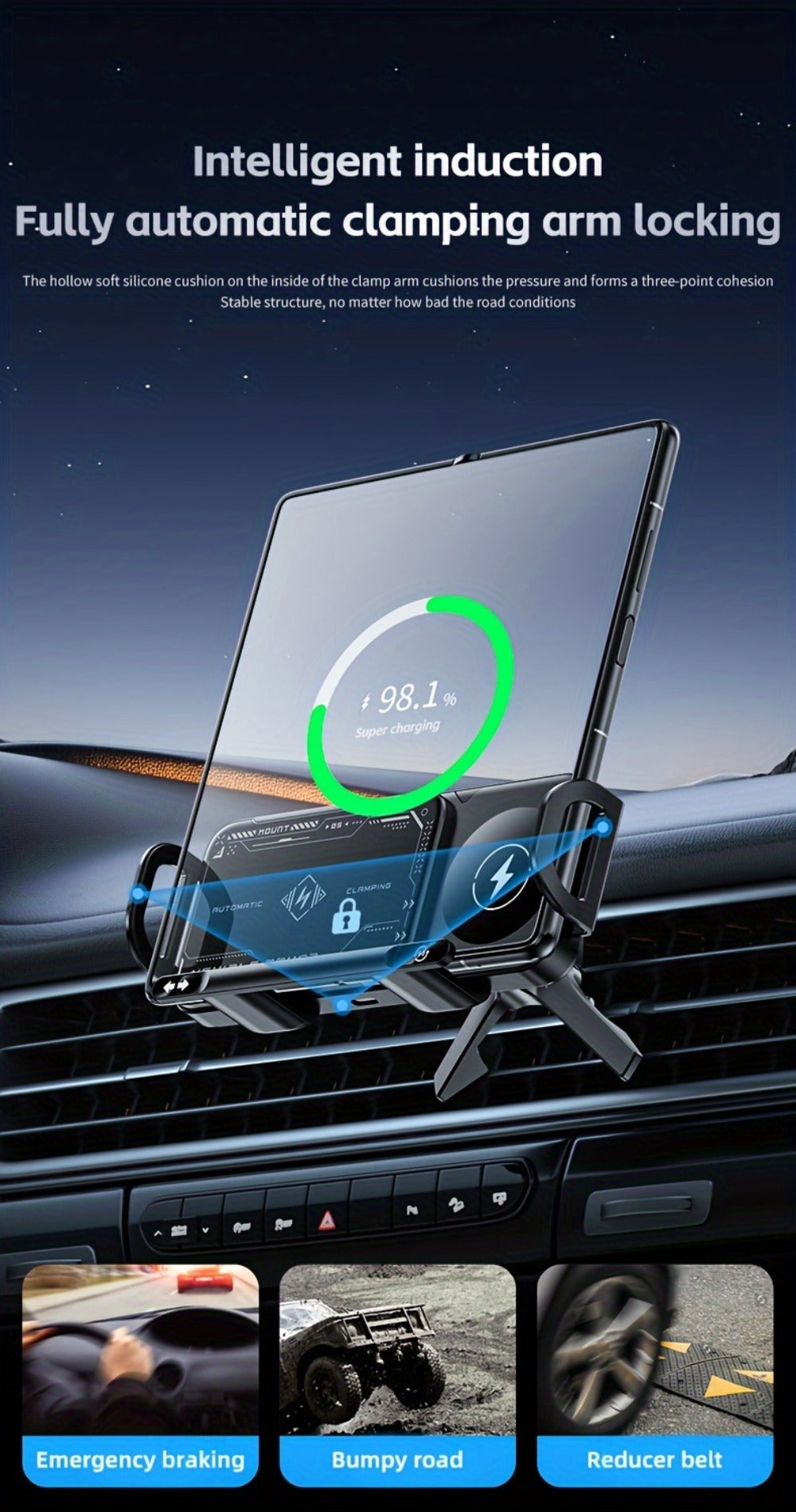 Dual-Coil Wireless Charging Car Mount with 15W Label, Fold-Screen Support and Three Configurations