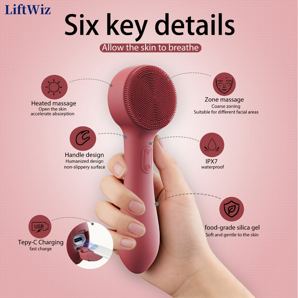 Silicone Facial Cleansing Brush Electric Face Scrubber 12000 Vibrations IPX7 USB Rechargeable Heat Massage for Home or Salon Spa Use