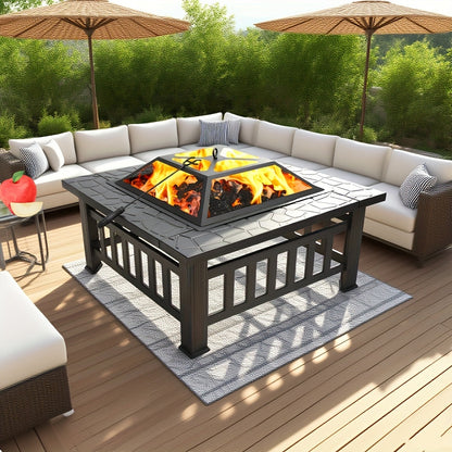 Black Square Fire Pit Table with Raised Mesh Cover, Perforated Side Panels and Wood-Burning Bowl