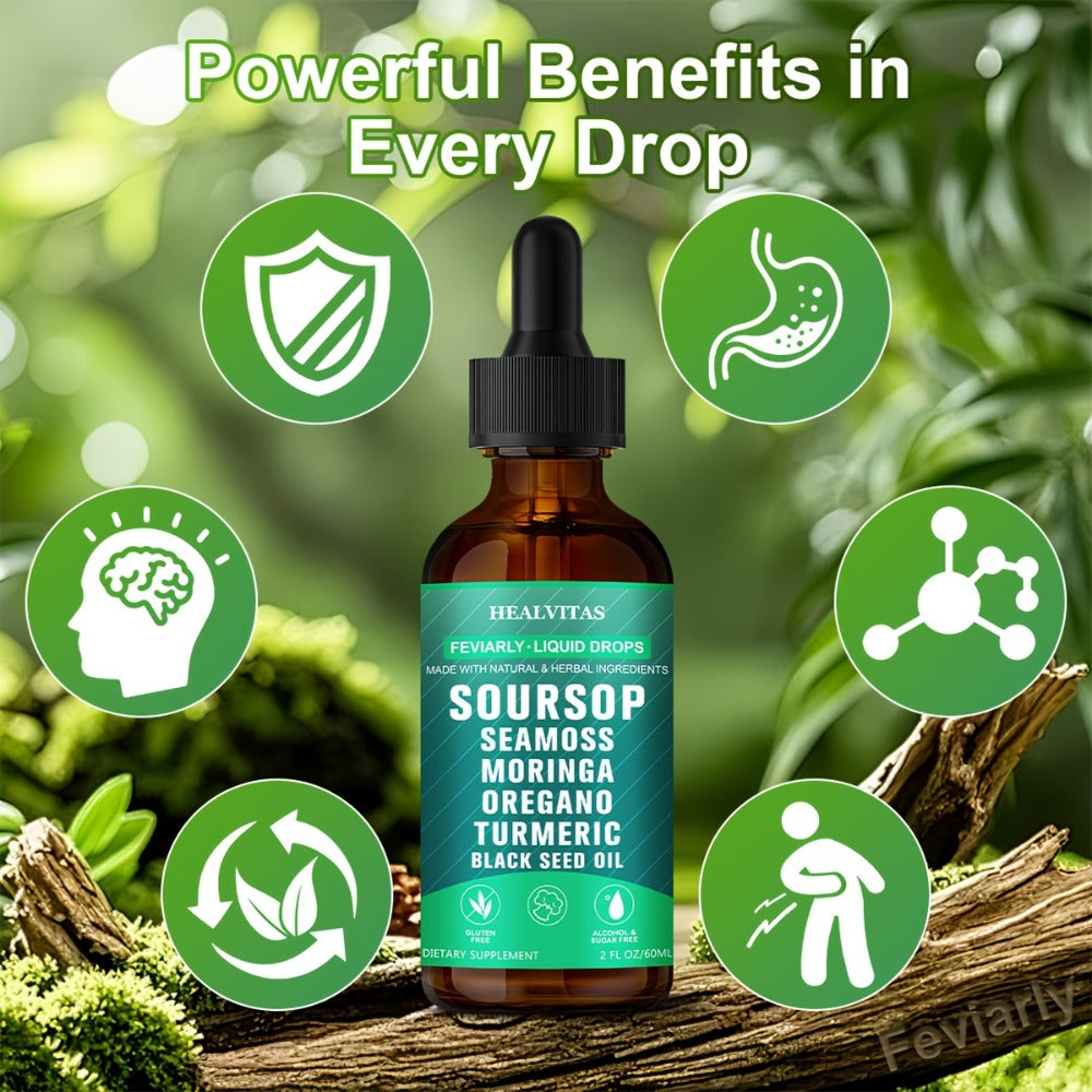 Soursop Bitters Liquid Supplement 2oz 10-in-1 with Seaweed Moringa Turmeric Black Seed Oil & Oregano Herbal Extracts