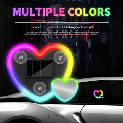 Car Interior Neon Heart Lights Solar USB Rechargeable 5 Lighting Modes Vibration-Sensing Auto On/Off Dashboard Decoration for Cars Trucks