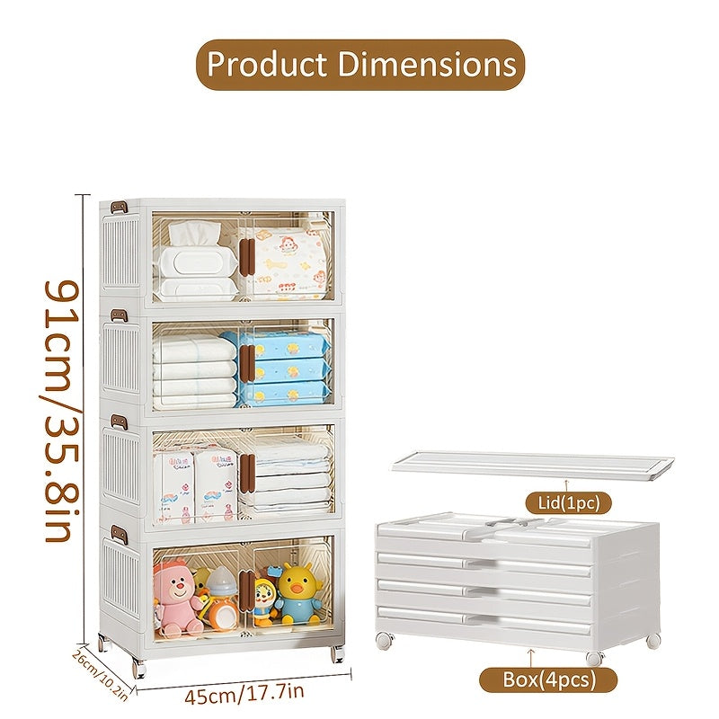 Stackable Foldable Storage Cabinet with Door, PP Plastic 1/2/3/4/5 Layer Organizer Box with Wheels & Cover