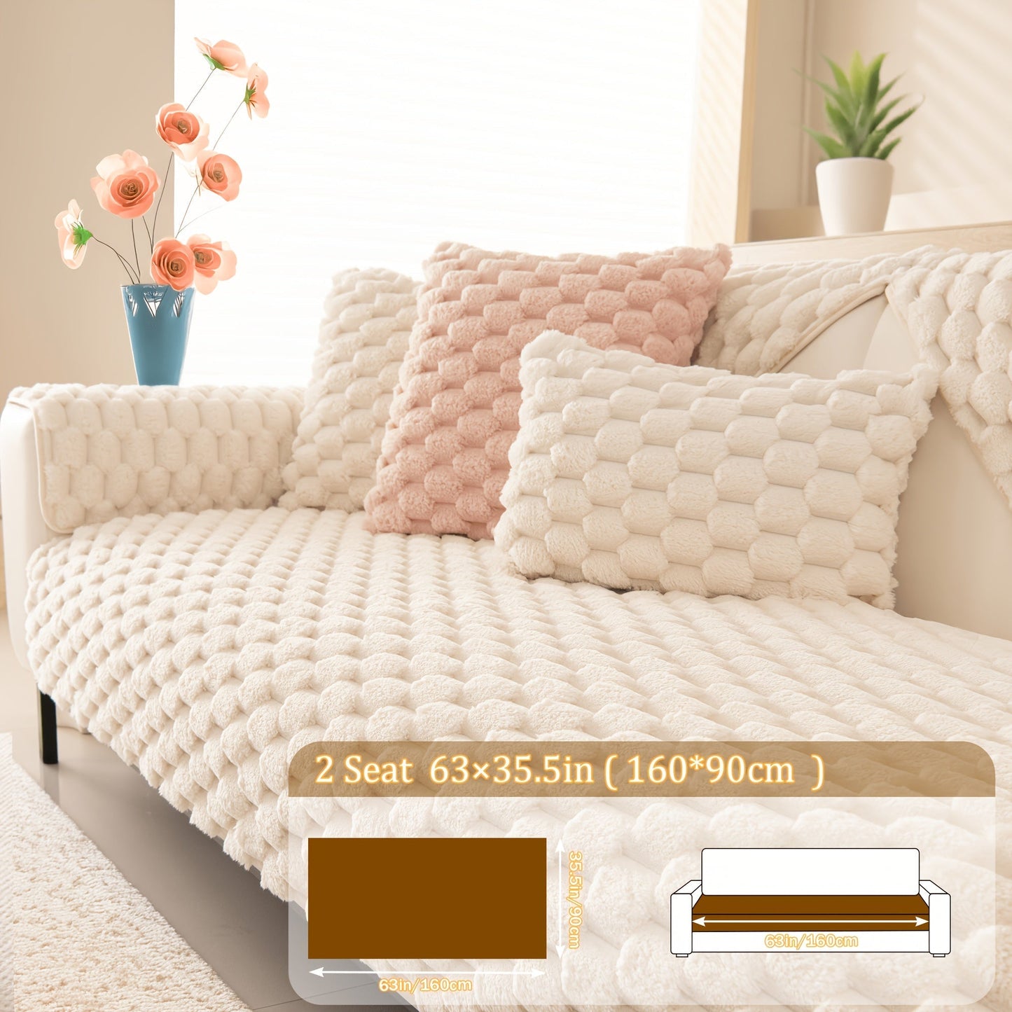 Sofa Cover 35.5-Inch Fuzzy Polyester Single-Piece Pad with Silicone-Dot Backing for 2 to 4 Seats