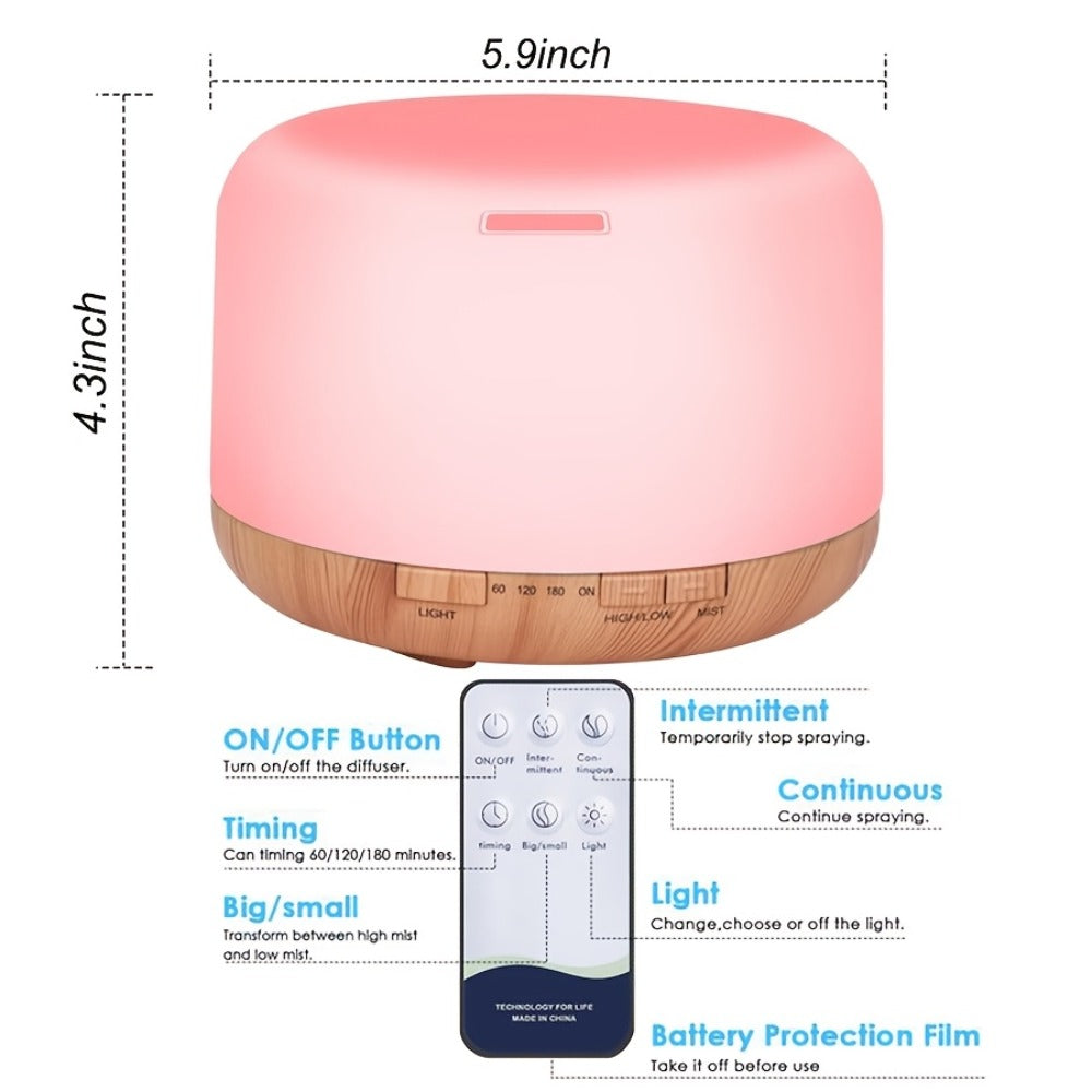 Large Room Essential Oil Diffuser 16.91oz, Timer, 7 Ambient LED Lights, No Water Auto-Off, Wood Grain Design for Home & Office
