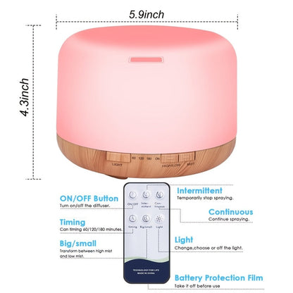 Large Room Essential Oil Diffuser 16.91oz, Timer, 7 Ambient LED Lights, No Water Auto-Off, Wood Grain Design for Home & Office