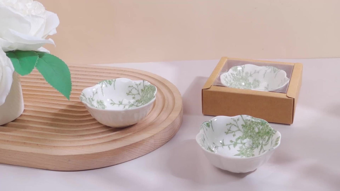 Wedding Favors for Guests 80 Pack Small Ceramic Bowls Bulk Set | 3.3 Inch Green Verdure Mini Dipping Bowl Sauce Dish with Cards & Box