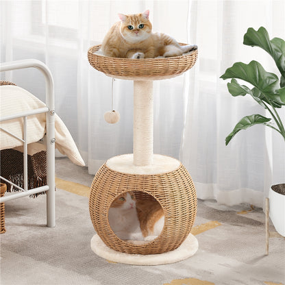 Cat Tree 29.5 Inch Rattan Cat House with Natural Sisal Scratching Post – Woven Cat Condo, Soft Cushion Perch, Hanging Bell Toy