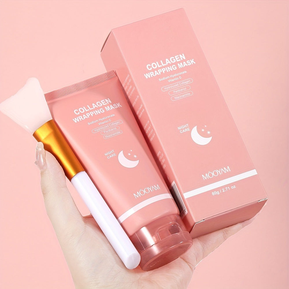 Hydrolyzed Collagen Night Mask with Brush – Niacinamide Hyaluronic Acid Vitamin C Korean Skincare Sleeping Mask for Elasticity Deep Moisture