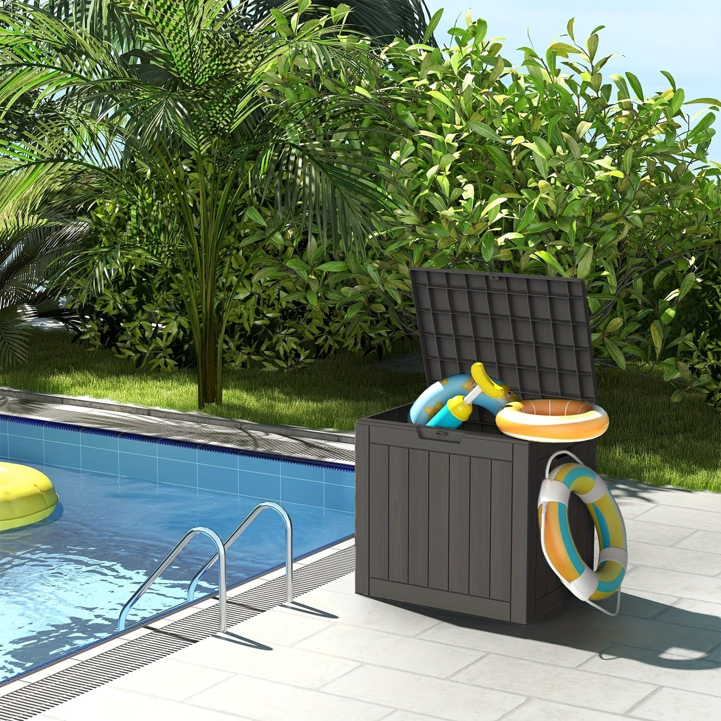 35-Gallon Deck Box with Wood-Grain or Rattan-Style Panels in Black or Light Brown Color Options