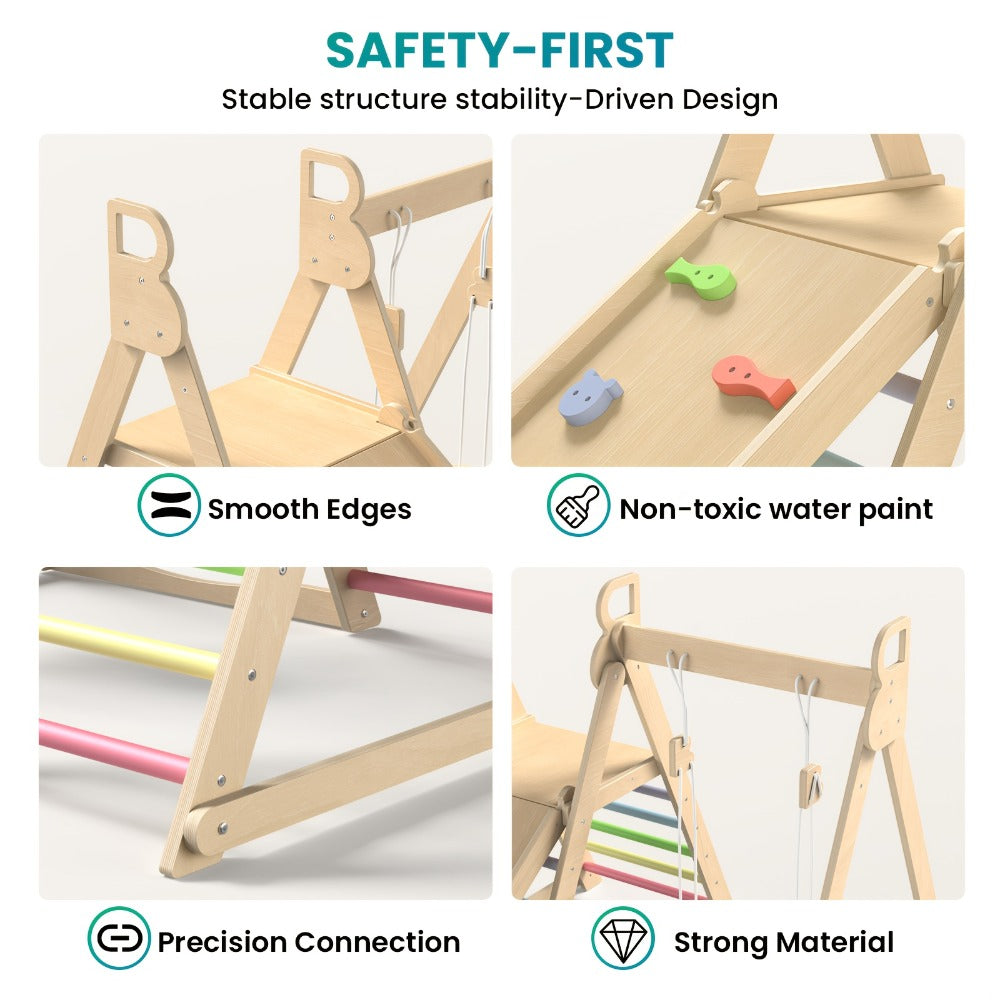 Foldable Indoor Wooden Jungle Gym for Toddlers, 4-in-1 Climbing Frame with Swing, Slide & Ladder