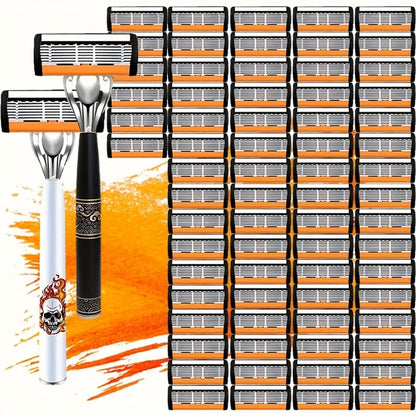 Beard Razor for Men 6-Layer Stainless Steel Blades Premium Metal Handle 36 Replaceable Blades – Mustache Grooming Shaver Ultra-Close