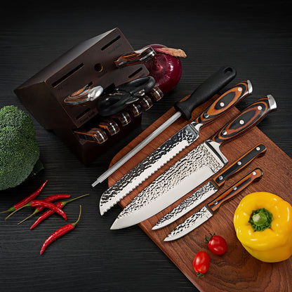 Kitchen Knife Set 15-Piece & 20-Piece Professional Chef Knives with Block Sharpener Ultra-Sharp Medium Carbon Stainless Steel Hammered Blade