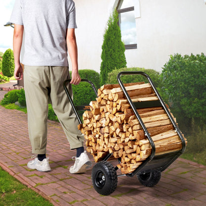Firewood Log Cart, Carbon Steel Wood Carrier with Pneumatic Rubber Wheels for Garden, Patio and Yard Use