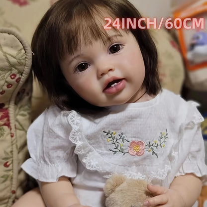 Reborn Baby Doll 24-Inch Cloth Body with Vinyl Limbs, Rooted Brown Hair, Open Eyes, Outfit and Feeding Accessories