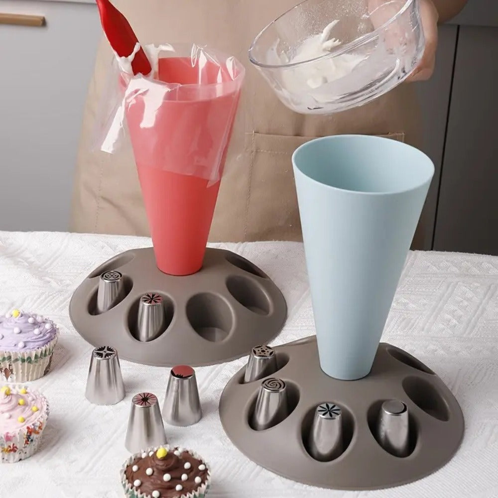 Piping Bag Holder Set 17pcs, Multi-Bag Icing Stand with Various Nozzle Tips for Cake Decorating, Cupcake Frosting, Cookie Decorating