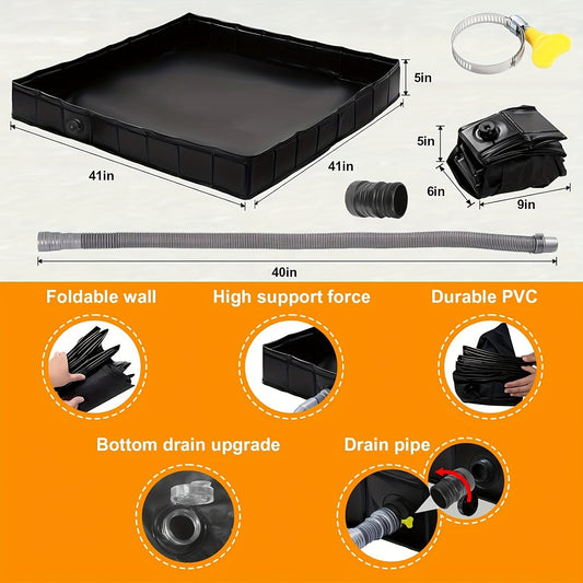 Foldable Shower Base 41"x41" Portable Shower Pan with Drain Pipe – Collapsible Shower Basin for Camping Tent, Indoor & Outdoor Use, Black