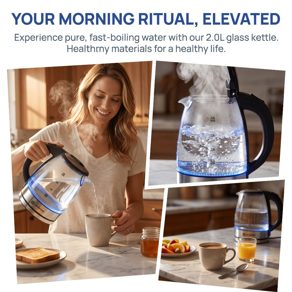Electric Kettle by LONGADS, 2L 1000W Glass Body with Blue LED Indicator and Stainless Steel Heating Base