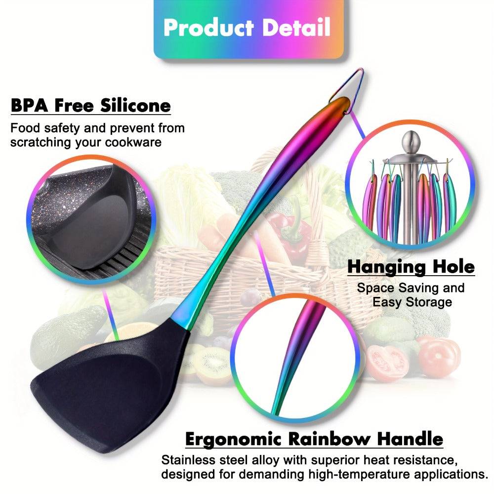 Silicone Cooking Utensils Set 17 Piece Rainbow Titanium with Rotating Holder – Heat Resistant Non-Stick Spatulas