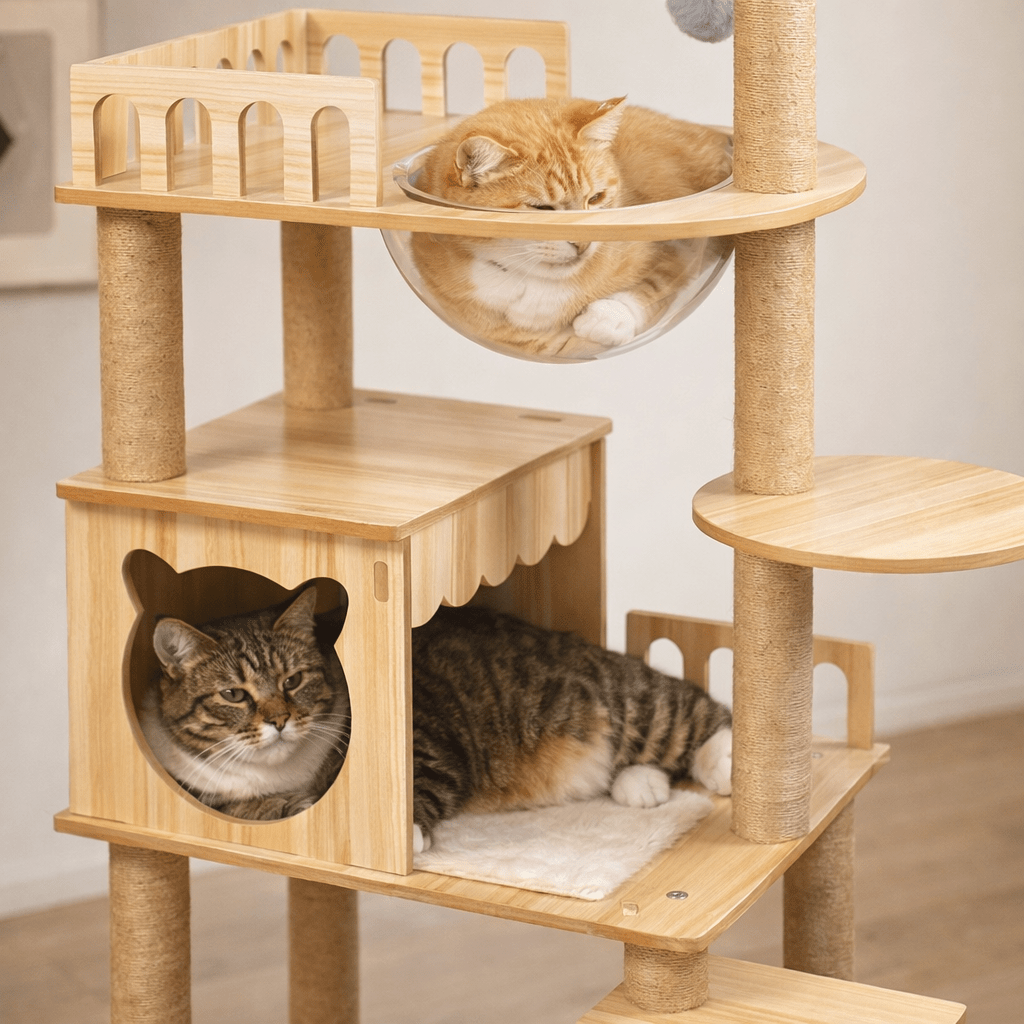 54-Inch Wood-Look Cat Tree with Clear Space Capsule, Enclosed House, Platforms and Step Ladder