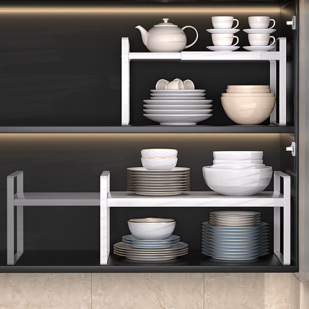 Expandable Cabinet Shelf Organizer Riser for Home Cooking, Dining and Outdoor Meals, with the Listed Configuration