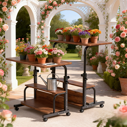 Garden Work Table 31.5" Adjustable Height Mobile Desk with Storage Shelves, Metal Frame, for Patio Outdoor Bedroom Office Potted Plant