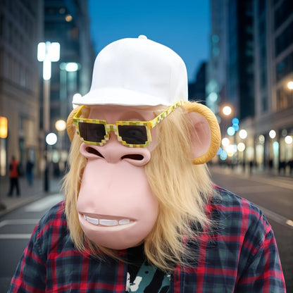 White-Haired Cartoon Ape Full-Head Costume Mask with White Cap and Pixel-Style Glasses in Two Face Styles