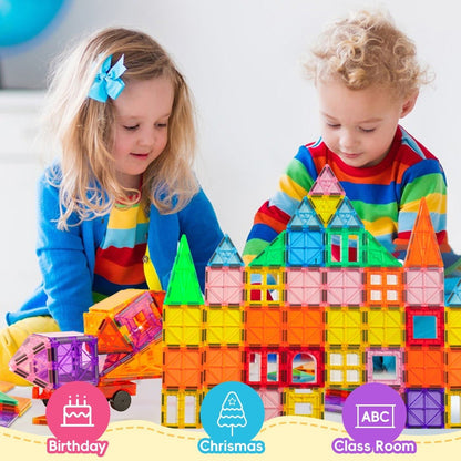 Magnetic Tiles for Kids 106/136pcs with 2 Toy Cars – STEM Approved Educational Magnet Building Blocks Set Stacking Puzzle Toy for Boys