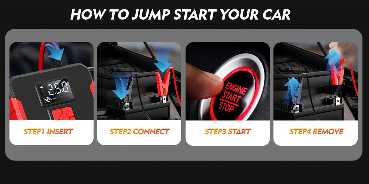 Portable Jump Starter with Air Compressor – 15000A-19000A Peak 350PSI 12V 17-in-1 Car Battery Jump Starter, Digital Display