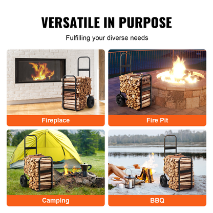 Firewood Log Cart, Carbon Steel Wood Carrier with Pneumatic Rubber Wheels for Garden, Patio and Yard Use