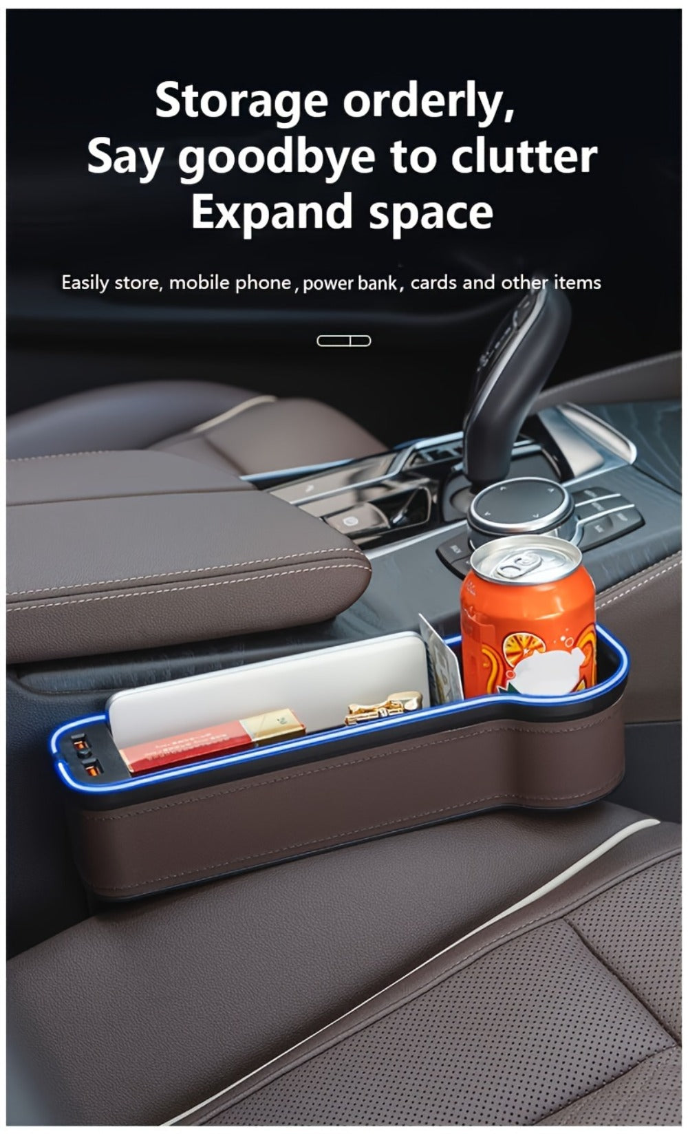 Black Lighted Seat-Gap Car Organizer with Phone Slot, USB Ports and Driver, Passenger or Pair Options