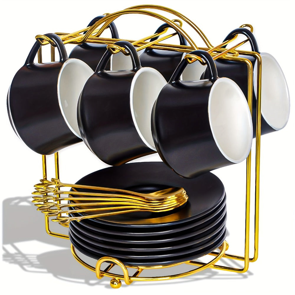 Espresso Cups Set of 6 with Saucers, Spoons & Metal Stands - 4oz Ceramic Cappuccino Coffee Cup Set