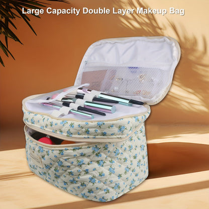 Makeup Bag Three-Piece Quilted Cotton Dual-Layer Floral Pouch Set for Travel, Vanity and Everyday Beauty Storage