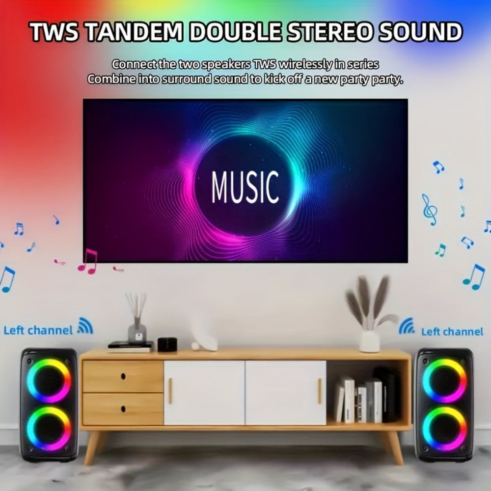 Portable PA Speaker Twin-Ring RGB Wireless Unit with TWS, Tablet Holder and Wired Microphone