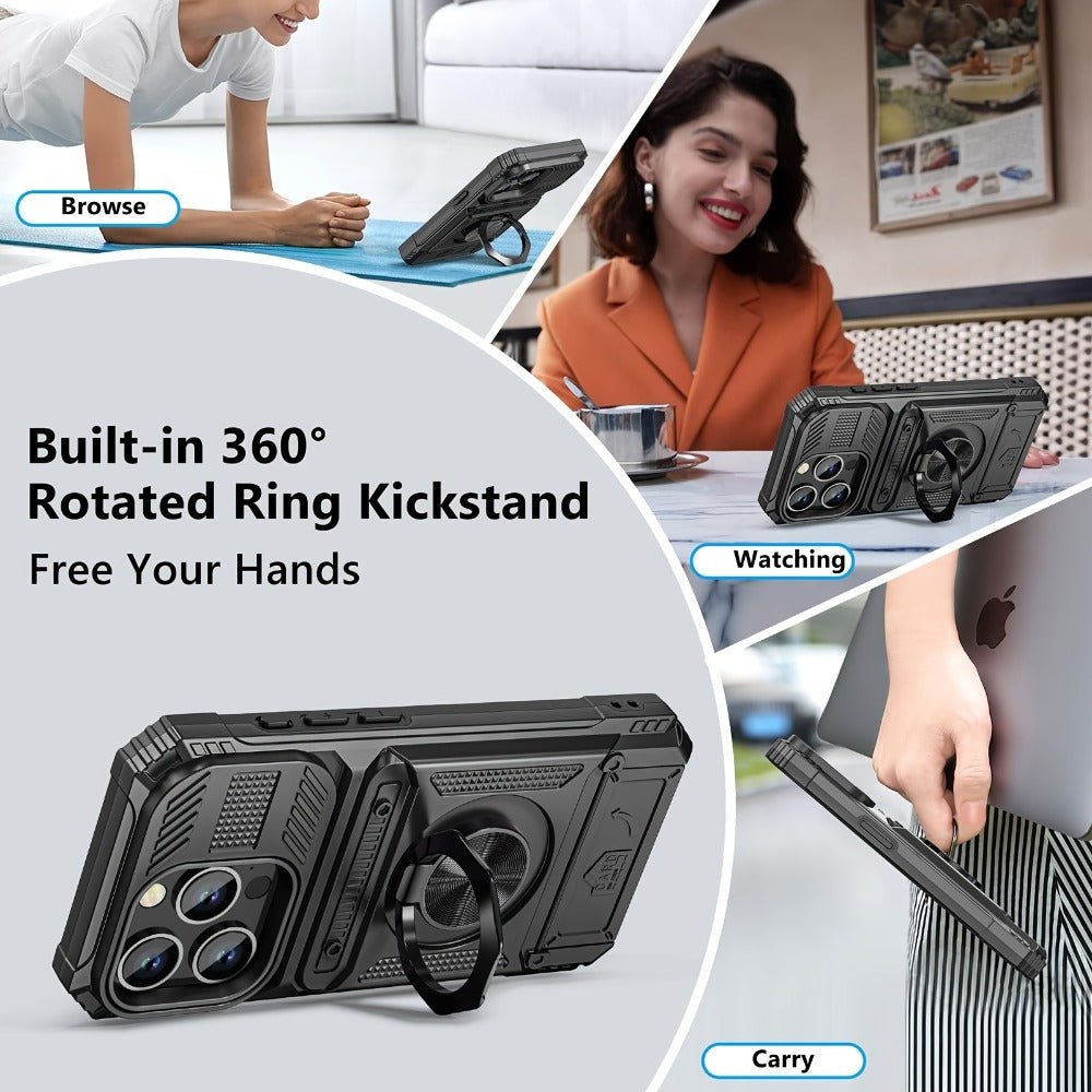 Phone Case Dual-Card Hard Shell Cover with 360-Degree Ring Kickstand for Select iPhone 14, 16 and 17 Models
