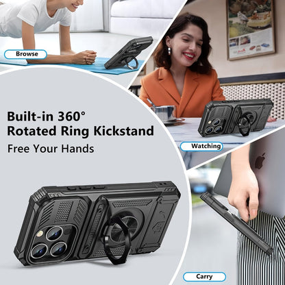Phone Case Dual-Card Hard Shell Cover with 360-Degree Ring Kickstand for Select iPhone 14, 16 and 17 Models