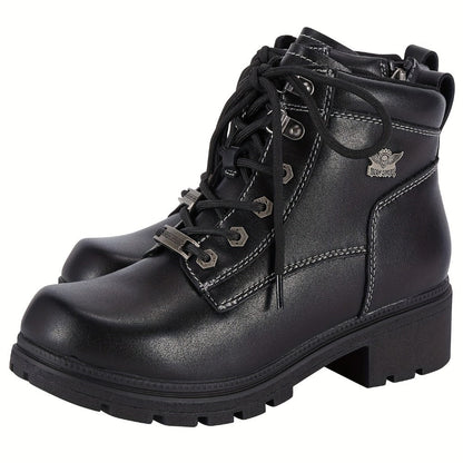 Women's Motorcycle Riding Boots, Low Heel Lace-Up Ankle Booties with Side Zipper, Non-Slip Rubber Sole Biker Combat Boots in Black Faux