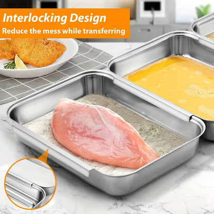 Stainless Steel Breading Tray Set 3-Piece, Food Prep Coating Trays for Breading Chicken Fish Shrimp
