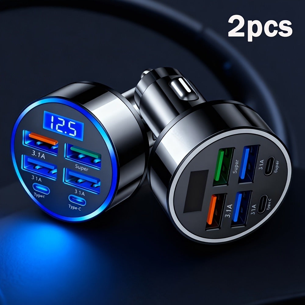 6-in-1 Car Charger 2-Pack with Ambient Light & Voltage Display, Dual PD Fast Charge + QC3.0 + 4 USB Ports Matte Finish